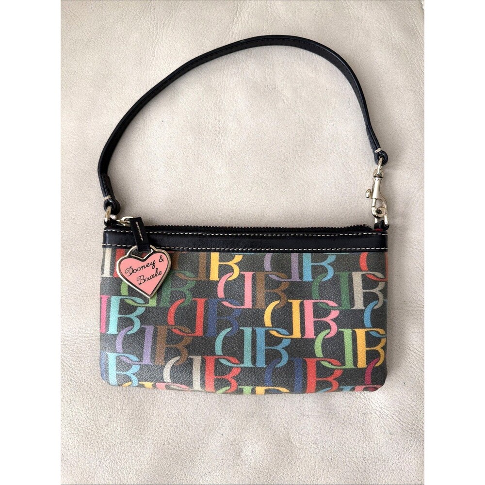 Vintage Dooney & Bourke Wristlet Mini Bag Rainbow Zipper Scribble Heart Charm
